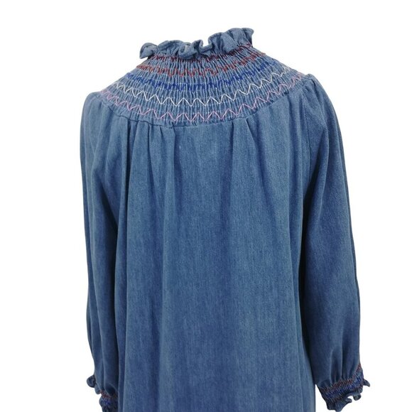 Rixo Azalea Smocked Denim Puff Sleeve Ruffle Mini Dress Size XS US 4 Prairie - Picture 9 of 13